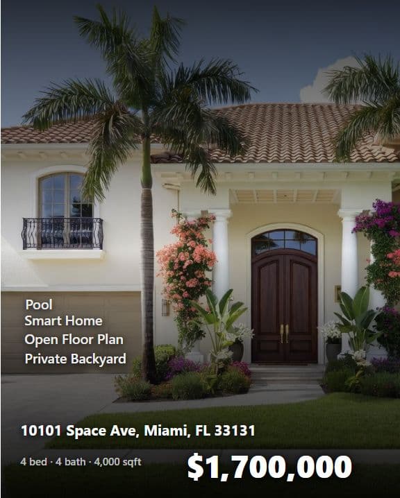 Instagram post composed in RealtorForge — Mediterranean-style Miami listing with price, address, and key-feature overlays